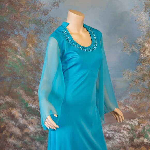 Vintage 70s ANGEL SLEEVE TURQUOISE Pearl Rhinestone Maxi Dress - Picture 12 of 12